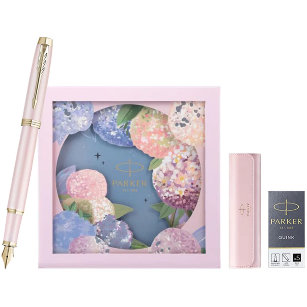 IM Pink Fantasy Gold Trim Fountain Pen + Hydrangea Floral Gift Box (Перо F)
